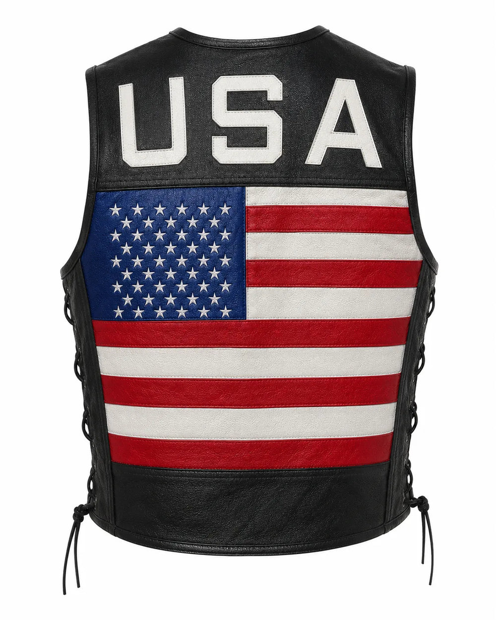 USA Flag Naked Cowhide Leather Biker Vest