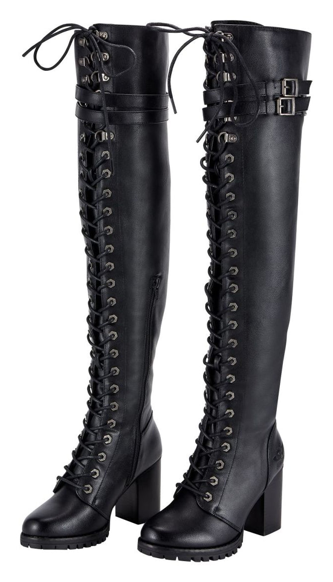 Women’s Knee High Laced Motorcycle Boots — Black Heeled — Women's Boots, Hasbro Leather