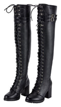 Women’s Knee High Laced Motorcycle Boots — Black Heeled — Women's Boots, Hasbro Leather