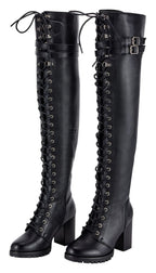 Women’s Knee High Laced Motorcycle Boots — Black Heeled — Women's Boots, Hasbro Leather