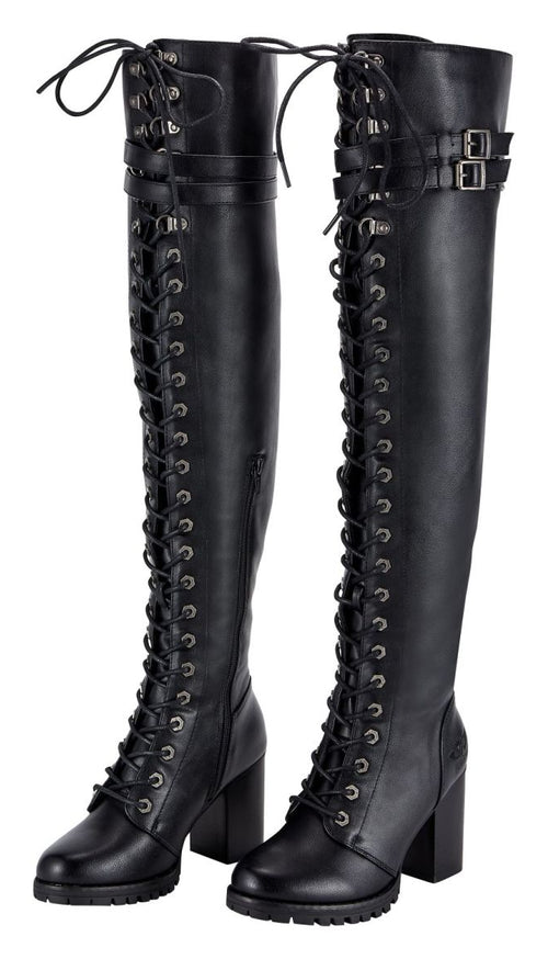 Women’s Knee High Laced Motorcycle Boots — Black Heeled — Women's Boots, Hasbro Leather