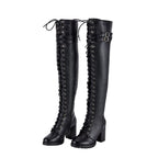 Women's Knee High Laced Motorcycle Boots — Black Heeled